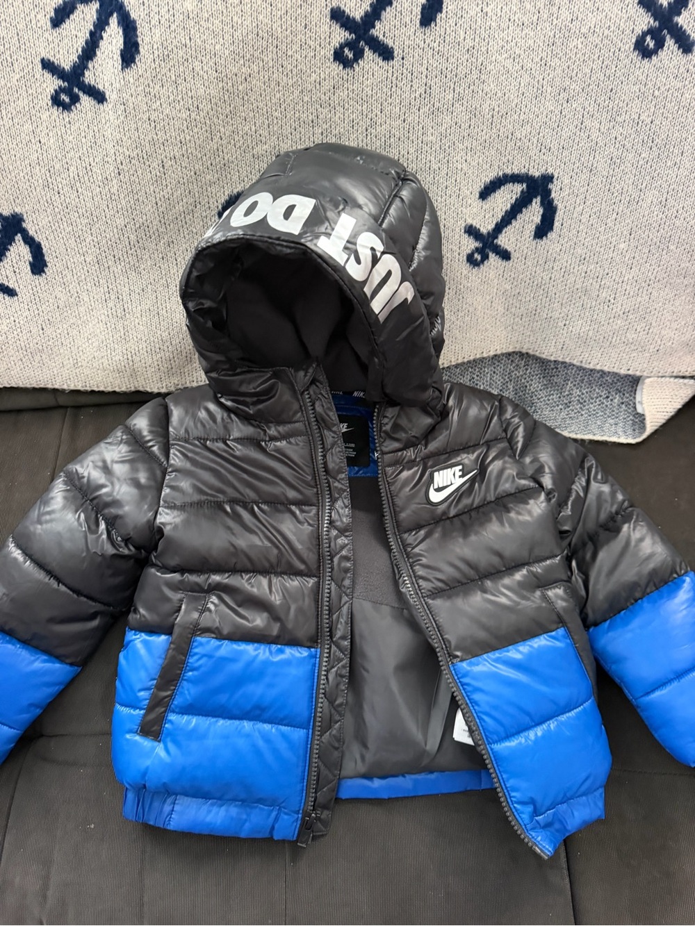 Nike Kids Black and Blue Quilted Puffer Jacket with Hood